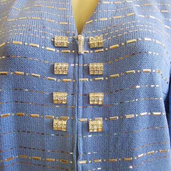 Vtg. St John Marie Gray Evening Blue Knit Skirt Suit w Rhinestones, Sz 4 & 6 - Picture 2 of 12